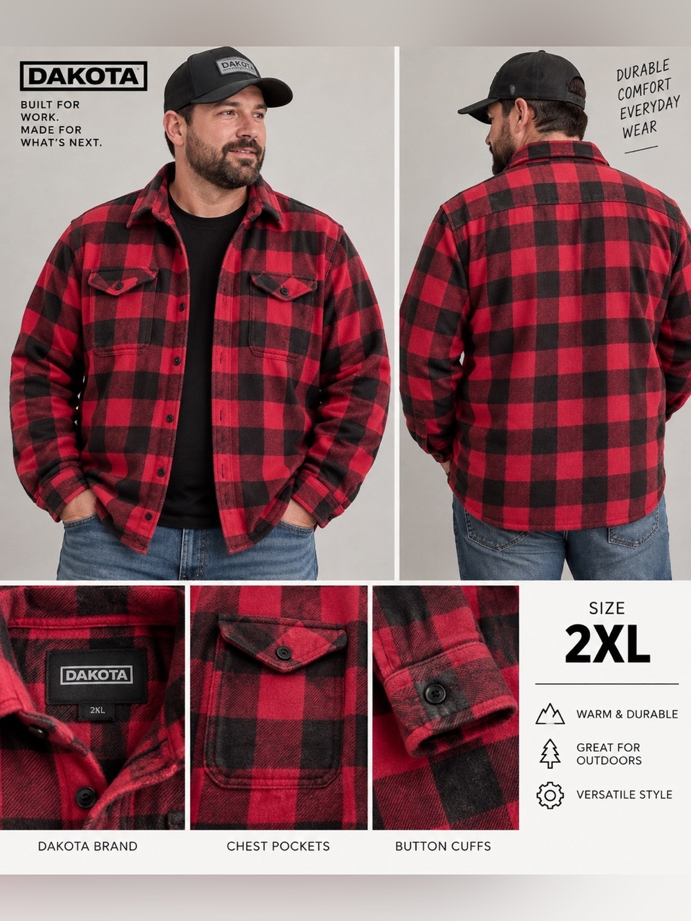 Dakota Men's Red and Black Buffalo Plaid Jacket - 2XL